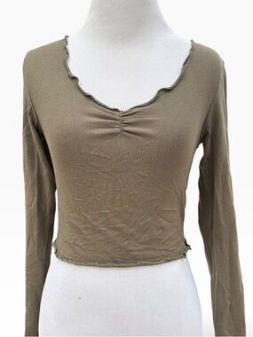 SHEIN Olive Ribbed Lettuce-Edge Long Sleeve Crop Top